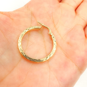 GER161. 14K Gold Hollow Flat Diamond Cut Hoop